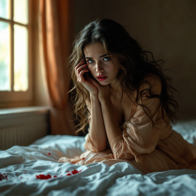 A visually striking scene featuring the slim girl with long brown wavy hair, dressed in a light peach gown, crouched down on the side of her bed. Her blue-green eyes are filled with heartbreak as she gazes at faint bloodstains on the white sheets of the bed. The background is dimly lit, with warm brown tones blending into peach highlights to create a melancholic yet romantic ambience. Subtle light filters through a half-open window, creating emotional depth.