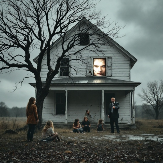 A somber, overcast sky looms over a white, weathered farmhouse in the distance. The house appears aged and slightly neglected, muted in its tones. In the foreground, four children are seated in the yard under a skeletal tree with sparse, lifeless branches. Three girls are huddled together, their faces turned downward or to the side. The single boy sits farther apart, his back partially turned to the viewer as he looks away into the distance. The mother is positioned on the porch with a rigid, commanding stance, her finger sharply pointed in the children's direction, her anger visible in her posture. Through the dim-lit upper window of the farmhouse, the father’s face is partially visible. His expression is sorrowful and distant, as if reflecting on past regrets while his figure is subtly blurred by the frosted glass.