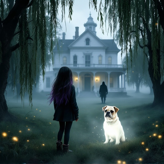 The cover displays a girl with dark hair that transitions into purple streaks standing at the forefront, her silhouette facing away from the viewer. Her posture reflects quiet curiosity, slightly turned toward the eerie white manor house in the distance. Willow trees with weeping branches frame the manor, their shadows stretching across the dark green grass. Mist swirls at the base, creating an enchanting, otherworldly ambiance. On the manor’s porch, a shadowy figure obscured in faint darkness emits a feeling of unease. Floating beside the girl is the semi-transparent ghost of a fawn pug emitting a soft ethereal glow, subtly illuminating the foreground.