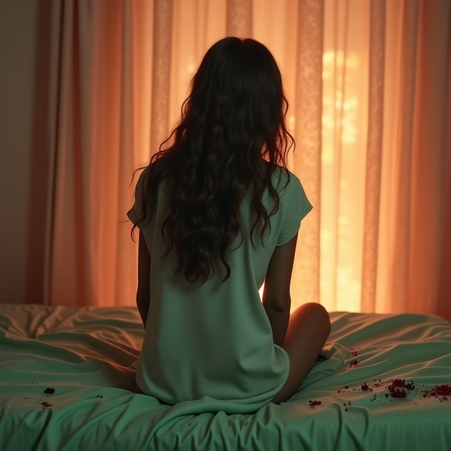 A melancholic scene featuring a slim girl with long light brown wavy hair that falls to her shoulders. She is sitting on the edge of her bed, facing away from the viewer, creating a sense of sadness and introspection. The lime green sheets on the bed are rumpled and stained with blood, subtly hinting at past events. The background is a soft gradient of peach and brown tones, blending into each other to evoke warmth and complexity. Faint bokeh-style hints of soft lights hover in the background to create a romantic, bittersweet atmosphere.