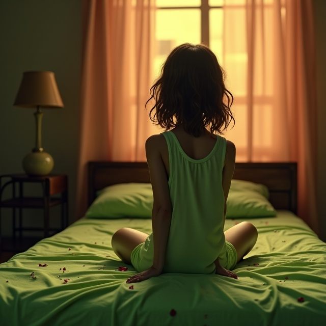 A slim girl with shoulder-length wavy light brown hair sits on a bed facing away from the viewer. She gazes down at her lime green bedsheet, which has subtle streaks and spots of blood. The room is dimly backlit with a soft amber glow that creates a melancholic yet hopeful atmosphere, hinting at both sadness and romance. A faint, out-of-focus background shows abstract shapes of a window with peach-colored drapes.