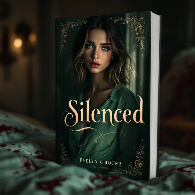 The cover depicts a dimly lit bedroom scene with shadows casting an emotional, melancholic tone. A slim girl with wavy, light brown hair at shoulder length stands next to a bed with bloodstained lime-green sheets. Her green-blue eyes reflect a mix of sadness and longing. Peach and brown tones dominate, creating a soft yet haunting mood. A faint glow surrounds the girl, hinting at a bittersweet romance. Romantic flourishes frame the composition subtly.