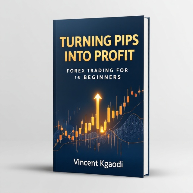 The cover features a striking yet minimalist background design with a deep navy blue gradient transitioning into a lighter sky blue, representing the depth of the forex market and its ever-changing dynamics. A subtle chart with rising candlesticks weaves through the middle of the cover, signifying the focus on forex trading. At the center, a glowing golden pip symbol attracts the eye, emphasizing profitability. The author's name, "Vincent Kgaodi," is positioned beneath the title.
