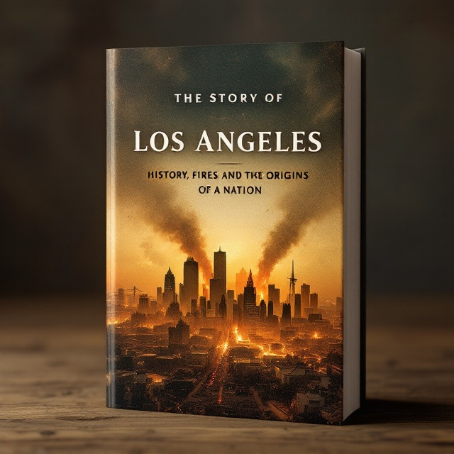 A dramatic illustration of downtown Los Angeles during the early 20th century occupies the top half of the cover. Below it, rising smoke and flames blend with the skyline to represent the fires, symbolizing the city's tumultuous history. In the background, faint but discernible elements hint at indigenous tribes, colonial influence, and modern growth. The colors transition from deep amber at the bottom to a dawn-like gold at the top, symbolizing hope and new beginnings.