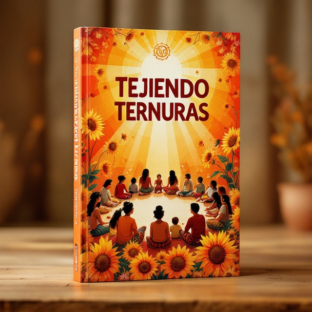 The cover features a warm, radiant background with a gradient blend of oranges, yellows, and reds to evoke warmth and security. Central to the design are illustrations of children and adolescents dressed in traditional Chiapas woven attire sitting together in a circular assembly, symbolizing dialogue and participation. Stylized sunflower motifs surround the circle, blending into soft rays of sunlight. The edges of the cover showcase Chiapas-inspired textile patterns, framing the visual. In the top portion, a large emblem based on the GRAN OM graphic is subtly included, tying the themes of justice, dignity, and unity together.