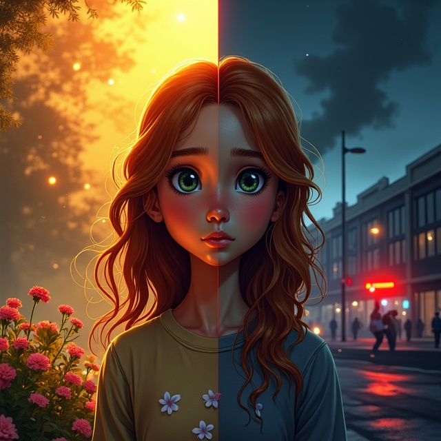 The cover is divided into two primary halves, representing the dichotomy of choices. On the left side, rich golden tones dominate, symbolizing goodness and innocence, with a faint glow illuminating a subtly detailed motif of angel wings and a small path of brightly blooming flowers. The girl with ginger wavy hair, green eyes, and tan skin is front and center, slightly leaning to the right, her face shown in partial shadow. Her expression conveys inner conflict. On the right side, the setting becomes darker and more chaotic with hues of black, red, and deep blue. The mall is barely lit under ominous red police lights flashing through the background, and the outline of handcuffs glows eerily over its roof. Smoke rises faintly, blending into the dark hues, symbolizing bad influence. There’s a clear line splitting the two sides; the girl’s position on this divide adds tension.