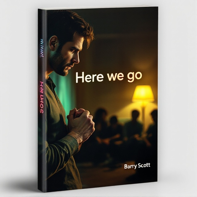 The cover displays a 1980s living room awash in muted, earthy tones of dark greens, soft yellows, and browns. To the left, the partial profile of a handsome man dominates the scene, his shoulders slumped and hands clenched together prominently, with his wedding ring catching a subtle gleam of light. In the background, silhouettes of a woman and three teenage boys are sitting and slightly blurred, positioned against the dim glow of a retro floor lamp. The title "Here We Go" stands out in the center with its pastel rainbow gradient, placed just above the man's chest while partially overlaying his figure. The author name, "Barry Scott," appears at the bottom-right corner in crisp white sans-serif font for balance and clarity.