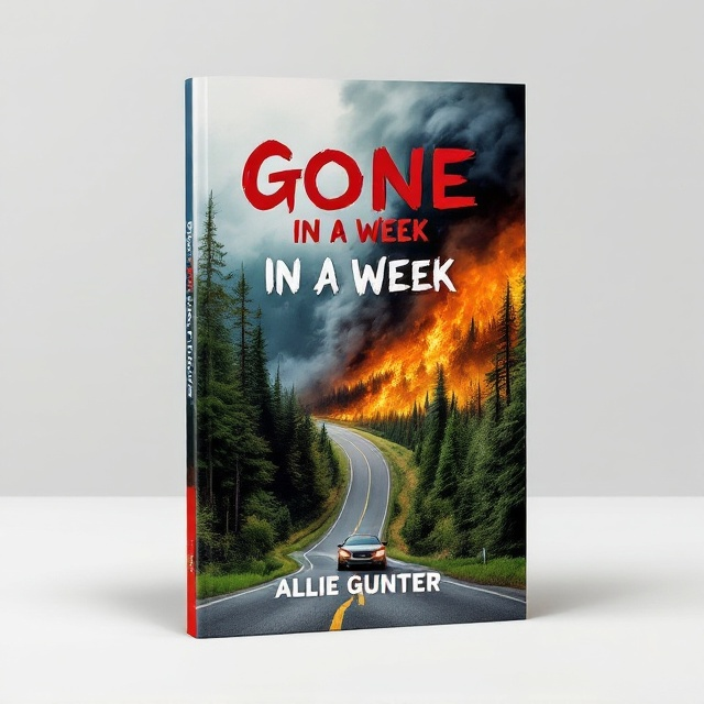 The cover transitions diagonally, splitting the composition into two contrasting halves. The bottom section features a serene nature scene with lush green forests and a clear, winding road, symbolizing peace and normalcy. This road guides the eye upward to the top half, which is consumed by an inferno of raging wildfires. A single car, tiny yet prominent, is navigating the road, striving to escape the chaos above. Billows of dark smoke rise from the wildfire scene, blending faintly into the serene sky in the bottom half.