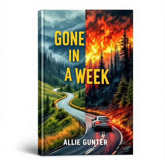 The cover is split diagonally, creating a stark juxtaposition between the peaceful lower half and the chaotic upper half. A car is traveling down a winding road in the bottom half, surrounded by lush green hills and vibrant, untouched trees. The upper half transitions into a scene of devastation, with roaring wildfires, billowing smoke, and charred, skeletal trees. The split is seamless yet dramatic, with the fire's glow reflecting faintly onto the winding road. The cover is rendered in a semi-realistic, sketched style, balancing a dramatic yet hand-drawn feel.