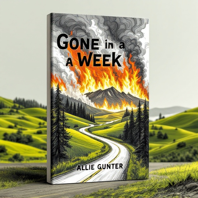 A sketched, semi-realistic depiction of a winding road cutting through lush green rolling hills fills the lower half of the cover. On either side of the road, tall trees line the scene. The lower halves of these trees are healthy and verdant, while the upper portions appear burned, blackened, and skeletal as they transition into the top half of the cover engulfed in raging wildfires and plumes of thick, dark smoke. The contrast between the serene road below and the chaos above creates visual tension. The title, "Gone in a Week," is styled to reflect this duality—its bottom half appears clean and intact, while the top half looks scorched and disintegrating. The author’s name, "Allie Gunter," appears at the bottom of the cover in a minimalist, clean font.