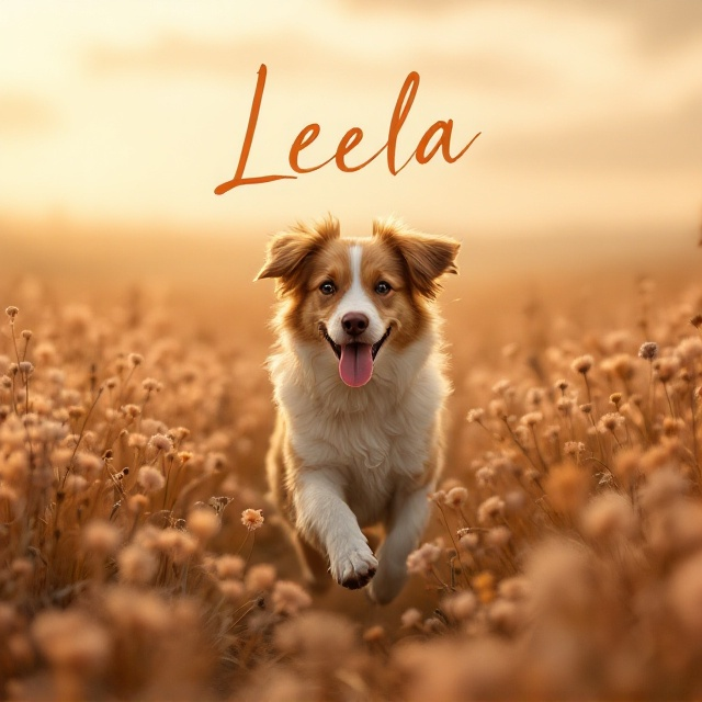 A wistful and emotional scene of a short-haired brown dog with a white chest running in a sprawling, softly lit flower field. The flowers are in soft peach and brown tones, tinged with muted golden sunlight that enhances the nostalgic atmosphere. The dog's ears flop down, her tongue hanging out mid-run, evoking a sense of freedom yet tinged with underlying sadness. In the background, the horizon fades gently into a soft, ethereal peach sky with wisps of clouds.