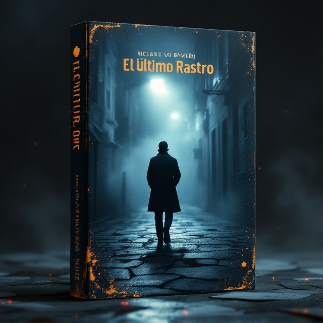 A darkened alleyway stretches into the background, shrouded in dense shadow and swirling fog. The faint glow of a streetlight illuminates a broken, cracked pavement beneath it, revealing scattered papers and a distinct, oversized blurred police badge half-obscured in the lower right corner. A lone silhouette of a trench-coated detective figure stands mid-center, moving away from the viewer further into the alley, with the hint of tension and danger conveyed by splashes of red and orange highlights glimmering off the fog and damp surfaces. A faint fingerprint pattern overlays parts of the cover in the background, partially concealed like hidden clues. The edges of the cover feature a worn, distressed texture, giving a vintage, mysterious feel.