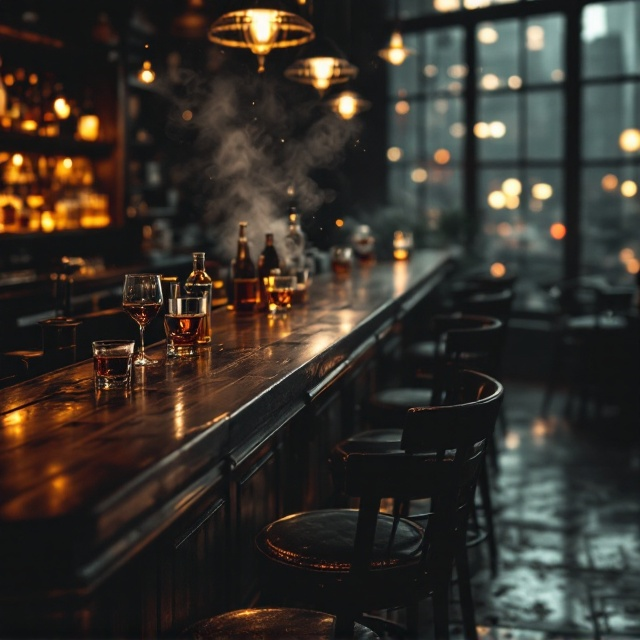 standing book mockup, Its title is "Last Call for Love".  The cover depicts a dimly lit bar with soft amber lighting casting ethereal reflections through whiskey glasses onto a smooth, worn wooden bar top. A single barstool is slightly askew, draped subtly with a jacket to hint at a moment just missed or yet to come. The background fades into blurred city lights peeking through a large industrial-style window, creating a dreamlike depth. The bar becomes a central character with its old-world charm and layered textures of chrome, leather, and wood grain. Delicate smoke-like wisps rise faintly in the ambient light, adding to the enigmatic mood. The title, "Last Call for Love," is rendered in a sophisticated weathered serif typeface, with a slight metallic charcoal sheen. It sits across the bottom third of the cover, understated yet highly refined, complementing the overall ambiance. The font exudes elegance, with a subtle fading effect on select strokes, blending nostalgia with modernity., - The title is strategically positioned toward the bottom third in a horizontal arrangement, leaving ample negative space for the bar's intricate details to remain in focus. - The soft glow of amber lighting is concentrated in the upper right corner, guiding the eye subtly toward the center of the composition. - Subtle accents in the corners, like blurred reflections of hanging lights, frame the main elements without overwhelming the scene. The area where the author's name typically appears should be left completely blank, with no text or placeholder.