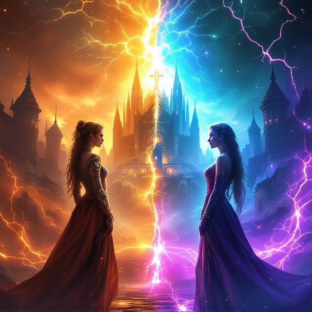 - The two main characters, Fallynn Baneforge and Genevieve Thorne, stand in the foreground, framed prominently against the divided background of the cover. - Fallynn is on the left, bathed in warm sunlight from the peaceful village setting behind her. She holds her glowing magical shield at her side, and her aristocratic uniform gleams with golden accents, taking prominence in her pose. - Genevieve is on the right, standing slightly further back, shrouded in faintly glowing teal and lavender light, reflecting the cracks of magical energy behind her in the chaotic half of the background. Her circle blades hover at her side, pulsing faintly with otherworldly magic. - The Eldwrath Academy rises dramatically in the middle background, nestled at the intersection of the peaceful and chaotic worlds. It is illuminated by neon blue, pink, and purple sigils etched into its spires, creating a visual link between the halves of the split background. - The color-coded cloaks of Fallynn (gold) and Genevieve (earthy grays and browns) flow outward to frame the bottom of the design, their edges intertwining subtly where they overlap.