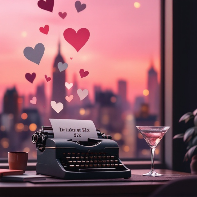 A classic manual typewriter sits on a stylishly cluttered desk in the lower third of the cover. Sheets of typewritten paper float upwards, transitioning into heart-shaped figures as they ascend, creating a whimsical, romantic effect. To the right of the typewriter, a martini glass with a twist sits, its delicate condensation adding a sense of intimacy. A soft skyline of New York City fades into the background, bathed in a gradient of blush and warm hot pink hues. Subtle bokeh lights are scattered, evoking a twilight ambiance.