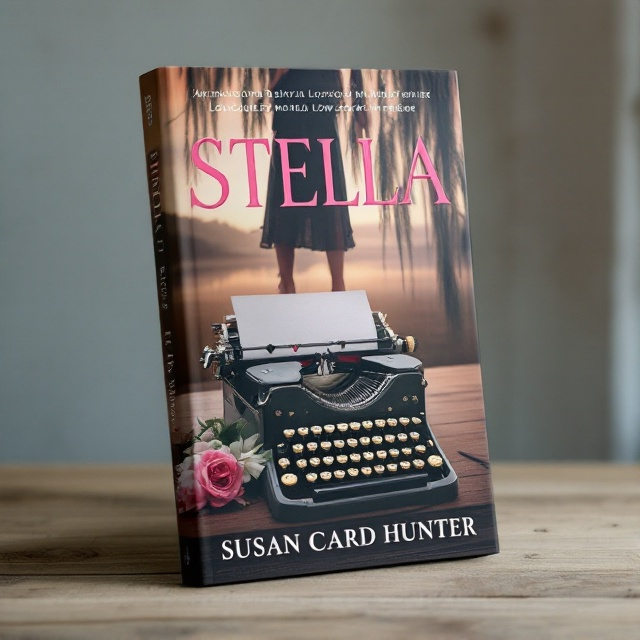 The cover features a silhouette of a woman in elegant Manolo Blahnik heels, standing beside a vintage manual typewriter. The background showcases a serene Lowcountry landscape with warm sunset hues. The typewriter keys are intricately designed to form a subtle heart shape, symbolizing love and passion. The scene of a weeping willow tree adds a touch of melancholy, representing loss and tragedy.