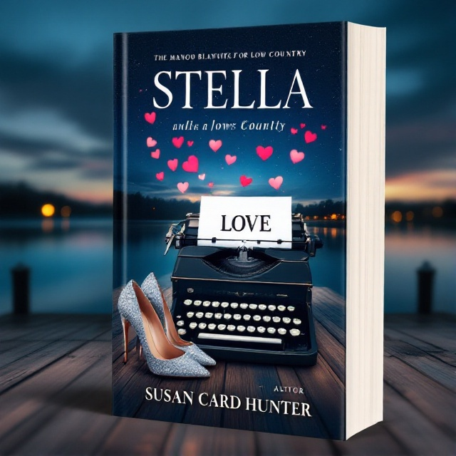 The cover features an elegant night sky backdrop casting a shadow across the scenic beauty of the low country. In the forefront, a pair of shimmering Manolo Blahnik stilettos stand prominently on the wooden dock. Centrally placed, there is a vintage manual typewriter with a sheet of paper showing the word "LOVE" amid a cascade of floating hearts.