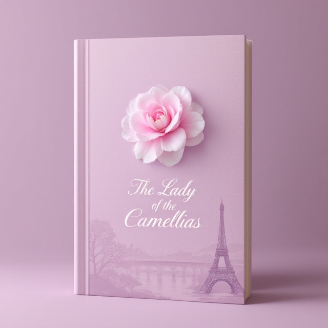 A single, prominent pastel pink camellia flower is delicately placed in the center of the cover. A subtle silhouette of a graceful woman, reminiscent of Marguerite, is blended into the background on the right side of the cover, evoking both her elegance and fragility. The background consists of a soft lilac hue with faint outlines of iconic 19th-century Parisian architecture, like the Eiffel Tower and a bridge over the Seine, adding a nostalgic, dreamy ambiance without taking away focus from the main elements.