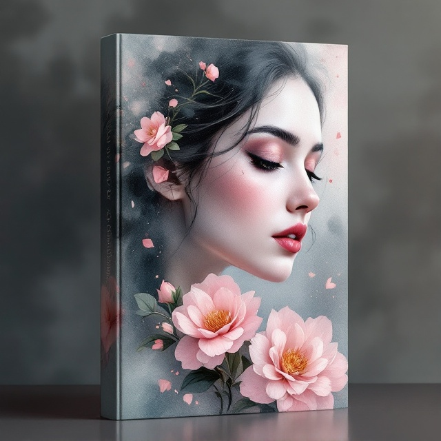 A dreamy blend of watercolor splashes forms the striking image of a woman's face delicately entwined with camellias. Fragmented shapes are integrated subtly around the composition to signify the tenderness and inevitable demise of their love. These elements sit atop a smoky gray backdrop, with splashes of faded pink and occasional brighter tones to inject vitality.