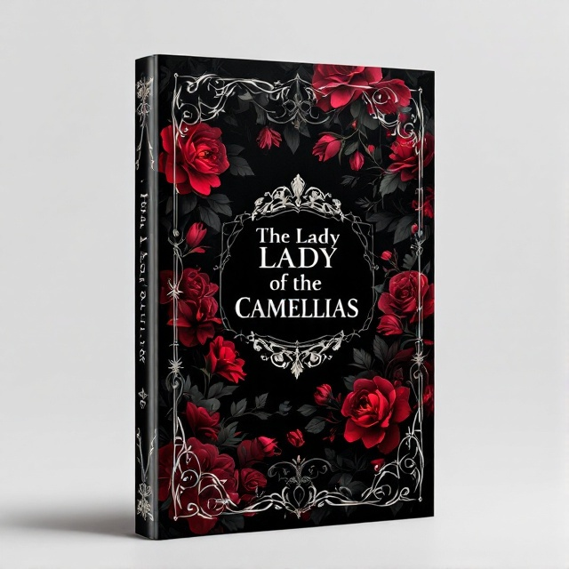 A dramatic array of dark red and black camellias blooms against a rich black background, with ornate gothic filigree subtly intertwining among the flowers. In the center, a delicate, barely visible silhouette or cameo of a woman adds an air of intrigue. Metallic silver accents enhance the gothic motifs, creating a sense of depth and allure.