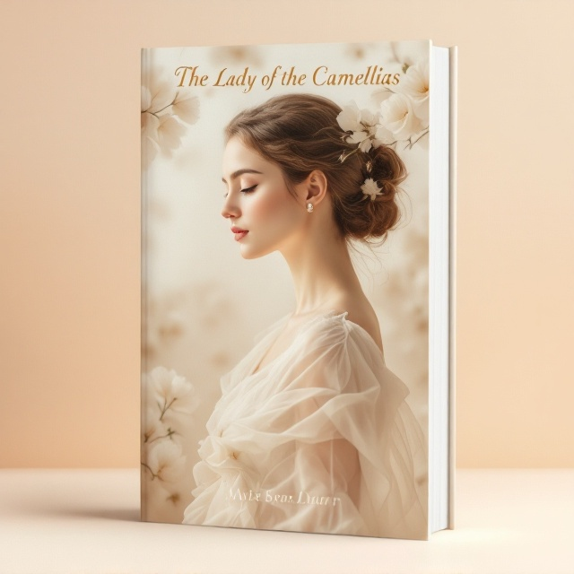 A soft-focus classical-era portrait of a woman in profile, draped in a delicate white gown. She is set against a background of light peach hues, evoking a warm, gentle glow. The camellias subtly encircle her profile, their white petals blending into her gown. A vignette effect softly frames the image, emphasizing the romantic essence of the design.