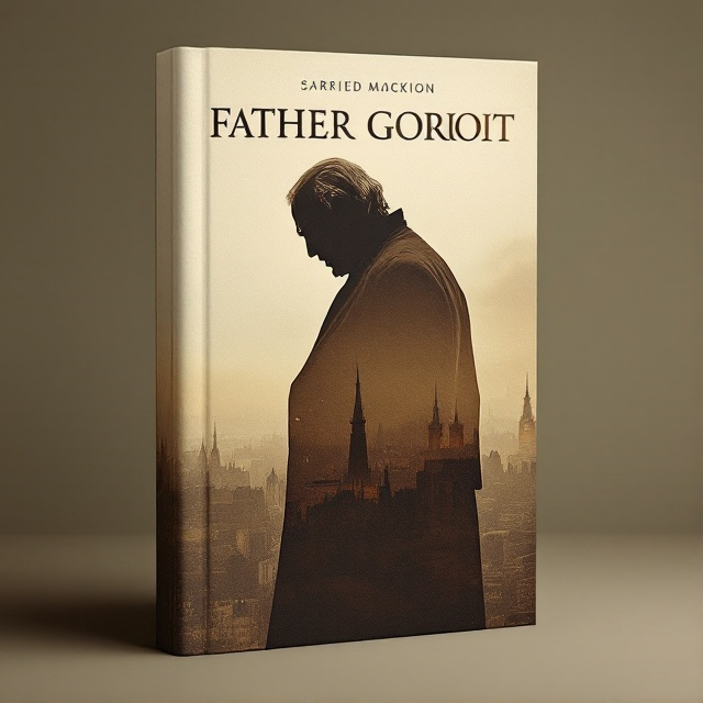 The cover features the silhouette of an elderly man at the center, with his head slightly bowed, exuding an aura of contemplation and sorrow. Below the silhouette lies a faded city skyline of 19th-century Paris, which seamlessly merges into a muted sepia background, creating a sense of depth and nostalgia. The silhouette and the city skyline are artistically rendered with soft edges, emphasizing the themes of sacrifice and regret.