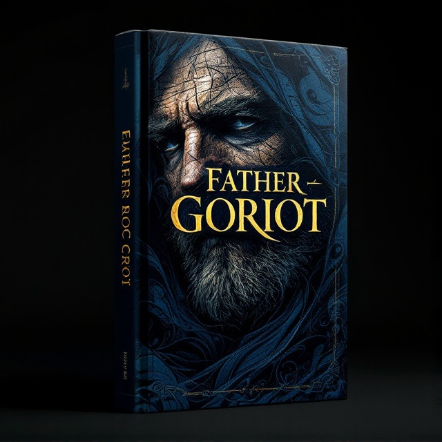 A bold, expressive portrait of Father Goriot, his face partially obscured by shadows, creating a duality that reflects his internal struggle. The background is a tapestry of layered textures, resembling old letters and swirling patterns, subtly integrated with deep navy and midnight blue tones to enhance the dark and dramatic mood.