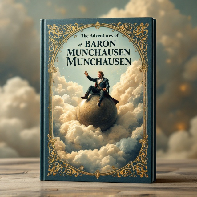 Central illustration of Baron Munchausen seated heroically atop a cannonball, soaring through a dreamy, cloud-filled sky. Surrounding this central figure are intricate vintage decorations—swirling, baroque-style filigree patterns in warm sepia tones that create a sense of nostalgia and playfulness. The clouds blend seamlessly with the ornate borders, giving the design a whimsical, almost magical quality.
