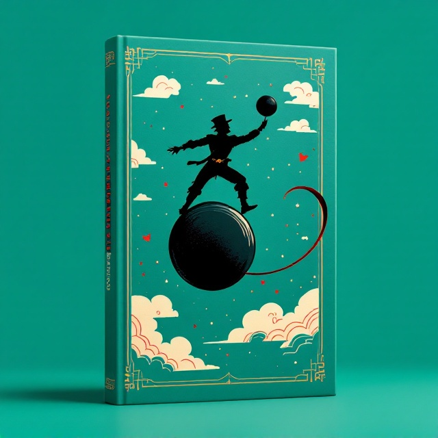 A bold and playful composition featuring a simplified silhouette of Baron Munchausen riding a cannonball, mid-air, surrounded by whimsical, light cloud illustrations. The Baron’s silhouette is clean and minimalistic, positioned slightly tilted for a dynamic effect. The background is a rich teal, with pops of bold red accents on the title and the cannonball’s trail for visual contrast.
