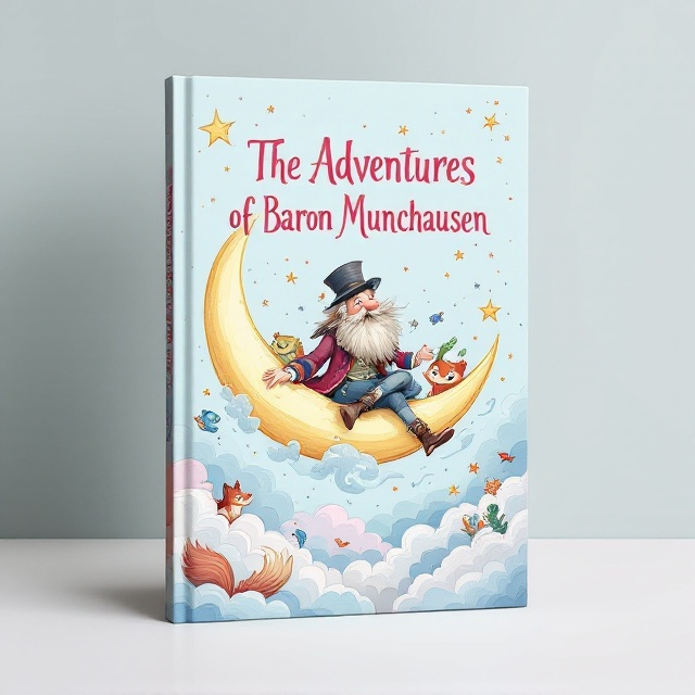 A whimsical hand-drawn illustration depicts Baron Munchausen seated on a crescent moon, floating in the pastel-hued sky. Swirling clouds surround him, along with scattered stars and a dreamy menagerie of fantastical creatures such as flying fish, a tiny dragon perched on his shoulder, and a mischievous smiling fox peeking out from the clouds. The entire scene feels alive with motion and charm, giving a fairy-tale-like vibrancy to the cover.