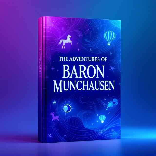 The cover features a bold violet-to-blue gradient background creating a sense of dynamic energy. Stylized, swirling motion lines crisscross in the background, subtly evoking winds, movement, and playful chaos. The title, "The Adventures of Baron Munchausen," dominates the center in large, extravagant, high-contrast typography. Surrounding the title, faintly visible silhouettes of whimsical elements (e.g., a flying cannonball, a galloping horse, and a hot air balloon) add an extra layer of humor and intrigue while maintaining subtlety. Highlights of electric blue lightly frame the motion lines at the edges, creating a glowing effect that captures attention.