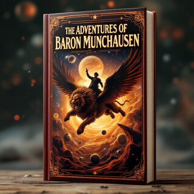 Baron Munchausen soaring through the cosmos atop a giant, mythical creature, like a winged lion, set against a backdrop of swirling planets and comets. The dynamic composition embodies motion and adventure, with dramatic lighting and deep shadows to enhance the feeling of epic proportions. The scene captures the viewer's eye with its vibrant and dramatic color palette of deep reds, oranges, and yellows.