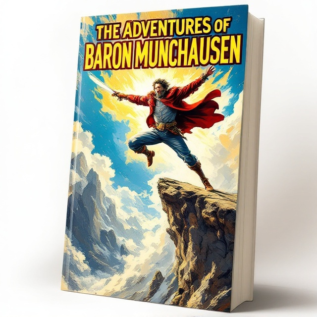 The cover shows Baron Munchausen in mid-air, heroically leaping off a cliff. His right arm is outstretched, grasping a shining sword. The cliff edge is depicted with rugged details, while the background features a vibrant sky in motion, emphasizing action. Bold outlines and exaggerated motion lines surround the Baron, enhancing the sense of speed and dynamism typical of vintage comic book covers.