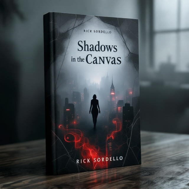 The cover is dominated by a dark, misty New York City skyline, shrouded in fog with glowing neon light outlines faintly piercing the haze. The ghostly silhouette of Clara Bennett is placed slightly off-center in the foreground, her form translucent and merging with smoky, swirling brushstrokes in hues of deep red and black. These strokes resemble tendrils of paint blending into the cover's shadows. A subtle light source emanates from behind Clara, casting eerie, soft glows onto nearby brushstrokes, creating a layered depth between her figure and the backdrop. Sharp, faintly cracked lines run diagonally across the cover, adding a fractured, ominous vibe.