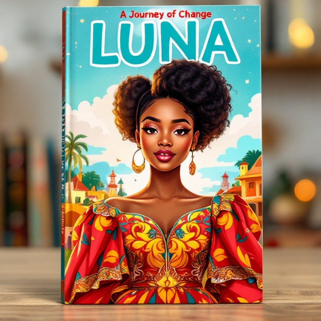 A vibrant illustration showcasing a young black girl with neatly styled traditional Nigerian hair wearing a bright, elegant gown. She stands confidently with a proud expression on her face, highlighted by warm light. The background features a lively Nigerian village scene in playful, brightly colored tones with hints of blue skies, white clouds, and subtle red accents woven through the scenery.