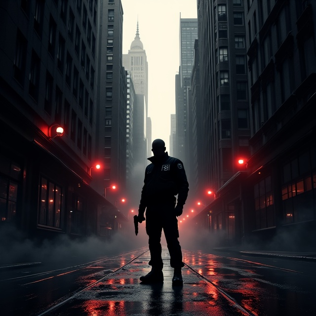 A solitary FBI agent stands in partial silhouette in the foreground, dressed in a tactical jacket with a visible FBI badge hanging from their waist. They hold a pistol in a low-ready position, exuding a focused and intense demeanor. The backdrop features the haunting shadows of New York City’s skyline, framed by dimly glowing streetlights and stretched alleyways, evoking mystery and tension. The city appears shrouded in mist, with ominous darkness creeping in at the edges. Splashes of deep red are subtly intertwined with the black background to hint at danger and bloodshed. The title "Shadows of Justice" looms large amidst the shadows, appearing almost as if carved out of the night.