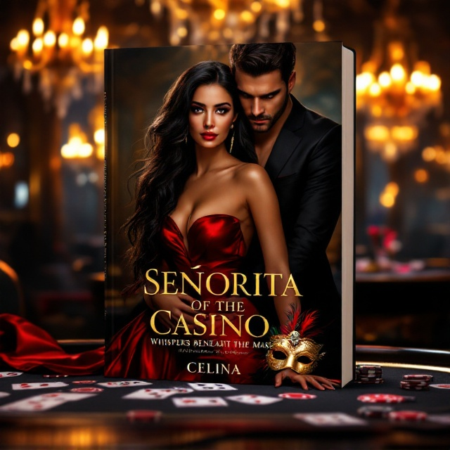 A dark and luxurious casino scene illuminated with glowing chandeliers, casting golden light across the room. The central figure is a striking woman with long, flowing black hair wearing a sensuous red satin dress that shimmers under the light. She stands confidently on a poker table, one hand holding a detailed Venetian-style gold mask adorned with feathers and jewels. The table is scattered with playing cards and poker chips. A mysterious, intense-looking man in a sleek black suit stands behind her, his hand wrapped possessively around her waist as he gazes at her with a mix of allure and intrigue. In the backdrop, glowing casino lights blur into a dreamy haze, creating a slight fantasy undertone.