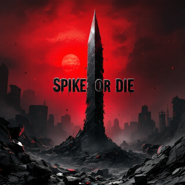 A dark, desolate landscape dominated by a stark, broken concrete jungle under a blood-red sky. The centerpiece is a single towering spike (a sharp metallic structure) piercing through the ground, silhouetted by the faint glow of a dying sun. Shattered glass shards and scattered dust swirl around the base of the spike, conveying chaos. The texture overlaid on the entire composition mimics cracked, weathered surfaces for a gritty, eroded feel.