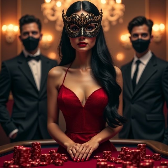 A mysterious, dramatic scene featuring a stunning woman with long, flowing black hair in a timeless red evening gown. She stands confidently on a casino table, with expressionless elegance, wearing an ornate Venetian-style black mask adorned with subtle gold accents. Her crimson nails gleam against the soft, moody lighting. Behind her, a suavely dressed man in a black suit stands, his presence magnetic, wearing a simple black mask. He gazes at her intently. Surrounding them are faint outlines of shadowy, indistinct men in suits, creating a sense of power and secrecy. The casino atmosphere glimmers with dim golden light reflecting off poker chips, cards, and chandeliers, enhancing the royal and dark fantasy vibe.