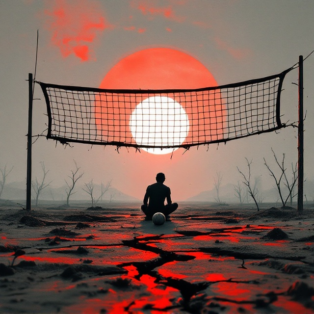 A shadowy volleyball player crouching slightly under a shattered volleyball net, surrounded by a barren wasteland painted with tones of grey and red. The volleyball itself, slightly deflated, rests in the foreground, covered in dirt. A faint glow from a jagged sun sets the scene in the distance, with cracks in the ground radiating outward like veins of desperation.
