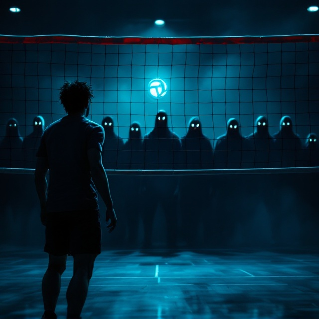 A dimly-lit indoor volleyball court creates the setting. In the foreground, a tense volleyball player prepares to spike the ball while wearing a stressed expression. Behind the player, a row of eerie Squid Game guards with distinctive, unsettling masks stand ominously beyond the volleyball net. Their blank stares add a sense of danger and foreboding. The volleyball net bisects the cover diagonally, creating a visual line of action. The ball is mid-air, glowing faintly, drawing attention to the game's critical moment. Shadows and sharp lighting amplify the tension and mystery.
