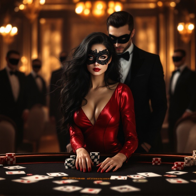 A striking scene on the cover features the central character, a mysterious and elegant woman with flowing black hair partially obscuring her pale face, dressed in a fitted, shimmering red dress that glimmers faintly under soft casino lights. She's standing confidently on a poker table, surrounded by scattered playing cards and poker chips. She wears a black, intricate lace mask, exuding both fantasy and danger, her manicured red nails glinting under the light. Her intense yet distant gaze is partially visible through her hair. Behind her stands a tall, sharply-dressed man in a sleek black suit wearing a matching black mask, looking at her with a piercing yet enigmatic expression. He sports an aura of charm and hidden menace. In the background, muted silhouettes of men in suits create an atmosphere of suspense, set against a black backdrop illuminated by rich, smoky gold lighting that emphasizes luxurious opulence and intrigue.