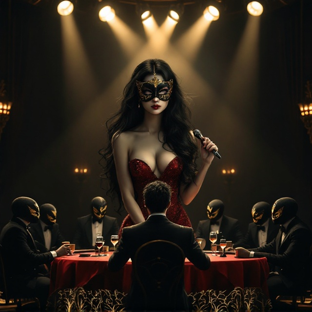 A stunning composition featuring a pretty woman with porcelain-white skin, long flowing black hair cascading over her face, wearing a black royal mask artfully adorned with gold accents. She's standing confidently at the center stage of an opulent casino, gripping a vintage microphone with one hand. She's dressed in a striking red mini dress glistening under spotlight beams. The black background envelops the scene, intensifying its mystery. Behind her, a man in a tailored suit sits at a table, wearing a matching black royal mask with gold details. Dim golden light glows around him, and eight ominous silhouettes of men are visible behind him at the table. The gleaming lights from the vintage casino decor add a golden touch to the dark atmosphere.