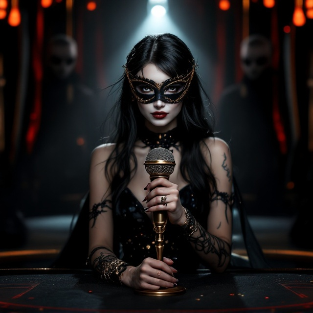 A dark, black background with glittering accents of red and gold. The pretty girl is the focal point, prominently placed on the casino stage under a single spotlight. She has long black hair falling partially over her pale white face, with a black royal mask covering her eyes. Her night-blue mini dress shimmers subtly in the light, accentuating her scars, which are visible across her arms. The girl holds a vintage microphone, its metallic surface reflecting faint gold hues. In the foreground, a mysterious man sits at a table wearing a matching black royal mask, with subtle menacing shadows of eight more figures looming behind him. Neon casino lights faintly illuminate the edges, hinting at the setting.