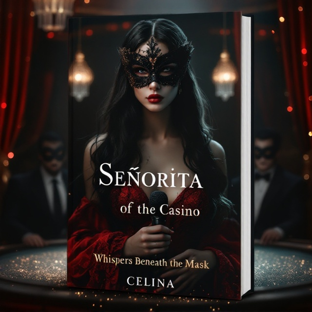 A visually striking young woman with long, flowing black hair partially veiling her pale white face. She has faint scars visible on her cheek. Her expression is mysterious, with a look of intrigue and danger. She wears an intricately designed black royal mask accented with glitter. She is draped in a stunning red mini dress, standing on a dimly lit casino stage with a vintage microphone in her hand. The stage glitters faintly, reflecting shards of light from small crystal chandeliers above. In the background, seated at a poker table, a man in a black royal mask is slightly visible, surrounded by eight shadowy, imposing figures in suits. The background is a deep black with soft, glowing accents of red and gold lights, adding depth and a sense of luxury and mystery.