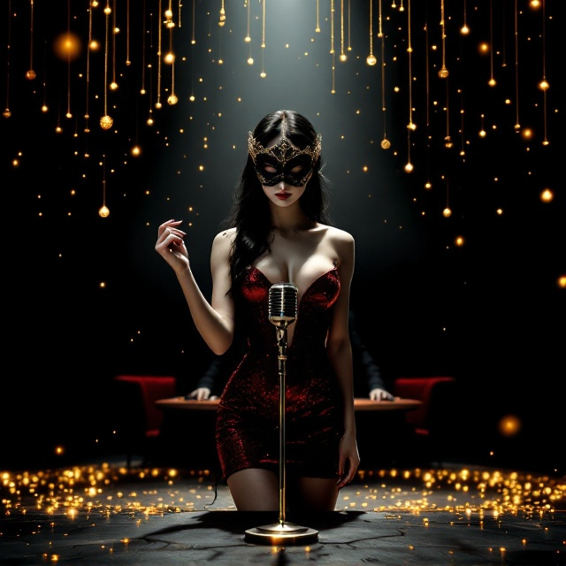 A glamorous yet dark casino stage dominates the cover, with a black background. The spotlight highlights a stunning woman with long black hair partially covering her face and pale white skin. She wears a crimson red mini-dress, the shade slightly shimmering with glitter. Her body bears faint scars, and a black, intricately designed royal mask conceals the top half of her face. She's gripping a vintage silver microphone with one hand, standing on a worn stage. Behind her, seated at a table slightly shrouded in shadow, a mysterious man in a sleek black suit and a matching royal black mask stares forward. Surrounding the man are eight shadowy silhouettes, giving the scene a mysterious, ominous atmosphere. Golden glittering raindrop-like lights fall around the central figure, creating a stark contrast against the dark background, evoking an air of danger and elegance.
