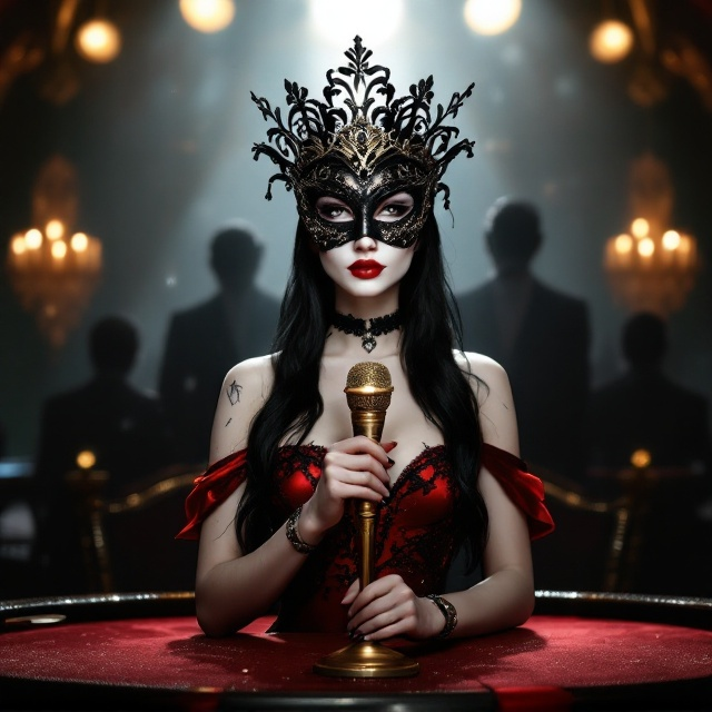 The cover features a dark black background with shimmering glittery accents. A strikingly pretty woman with long black hair covering part of her face, wearing a black royal masquerade mask adorned with intricate detailing and light glitter, stands confidently in the center of a dimly lit casino stage. She has pale, porcelain-like white skin, vivid red lips, and faint scars on her otherwise flawless body. She's dressed in a bold red mini dress that reflects a silky shine. She holds a vintage golden microphone with both hands, illuminated by a bright spotlight overhead. In the background, subtle outlines of a mysterious man in a black, ornate royal mask and a sharp suit are seated at a table, surrounded by faintly lit silhouettes of eight men in the shadows. The glow of dimmed casino lights and a sense of alluring mystery fill the background, enhancing the royal and dark atmosphere.