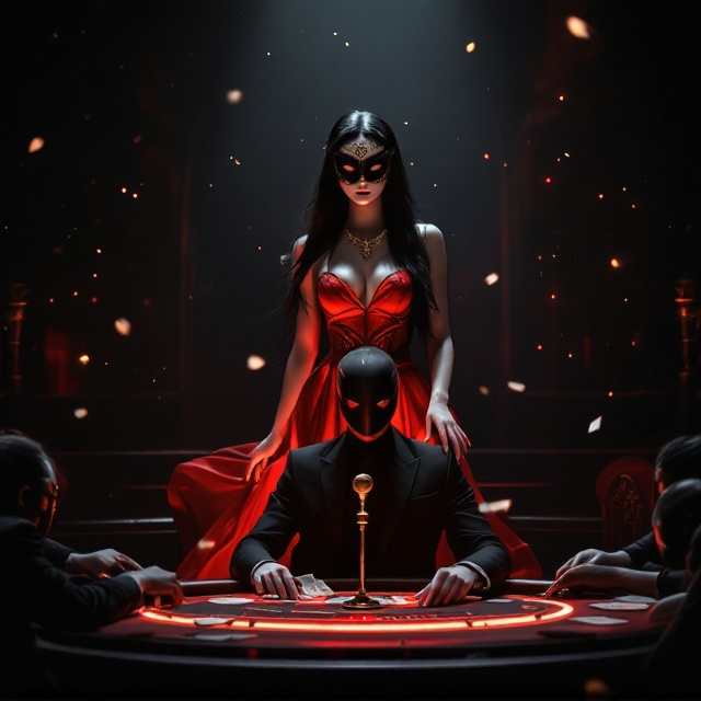 The cover showcases a dimly lit casino stage with a moody and mysterious atmosphere. At the center, a captivating woman with porcelain-white skin stands confidently on the stage, her long black hair partially veiling her face. She wears a sleek black mask intricately designed with royal patterns and a stunning red mini dress that glows under a soft spotlight. Her left hand clutches a vintage long microphone plated in gold, while money swirls at her feet, adding intrigue. In the foreground, a man in a tailored suit, wearing a matte black royal mask, sits authoritatively at a round-lit casino table, surrounded by 8 shadowed figures, evoking power and secrecy. The backdrop is deep black with subtle glittering details emulating casino lights. The entire scene is accented with glowing reds and soft illuminated whites, exuding glamour and mystery.