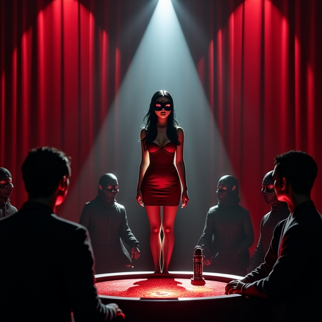 The book cover showcases a dimly lit casino stage with a glamour-filled, moody atmosphere. At the center, a porcelain-skinned woman confidently stands on the stage under a soft spotlight, creating a sharp contrast with the black glittering background. She wears a royal-patterned sleek black mask and a glowing red mini dress. Her long black hair veils part of her face, adding an air of mystery. Her left hand clasps a vintage long microphone, while swirling money dances at her feet, glowing faintly in red hues. In the foreground, a man in a tailored suit sits authoritatively at a round casino table under dim lighting, his matte black mask obscuring all expressions, surrounded by eight shadowed, masked figures. The backdrop sparkles faintly with subtle glowing casino-style lights while maintaining its dominant black royal tone. The depiction relies strongly on contrasts between dark and faint neon-lit elements for added drama.