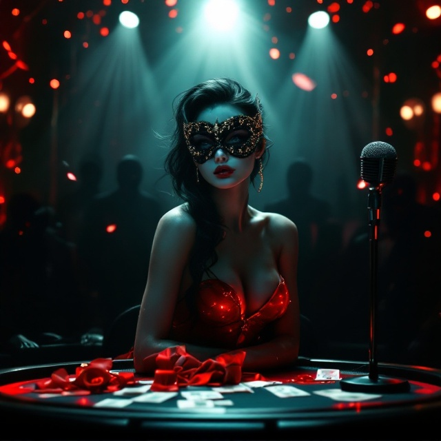 The cover displays a moody and dramatic scene inside a luxurious casino. At the center, the porcelain-skinned woman poses elegantly under a soft spotlight on the casino stage. She wears a sleek black royal-patterned mask that subtly sparkles and a glowing red mini dress, creating a striking focal point. Her black hair drapes over one side of her face, blending with the shadowy ambiance around her. The vintage long microphone in her hand gleams faintly in the dim light. Behind her, a faintly glowing black background is adorned with glittering yet subdued casino lights and faint swirls of red. In the foreground, a suave man in a tailored suit is seated at a round casino table with his matte black mask, surrounded by shadowy masked figures. Faint red-glowing, swirling money dances and twists around her feet and spreads forward.